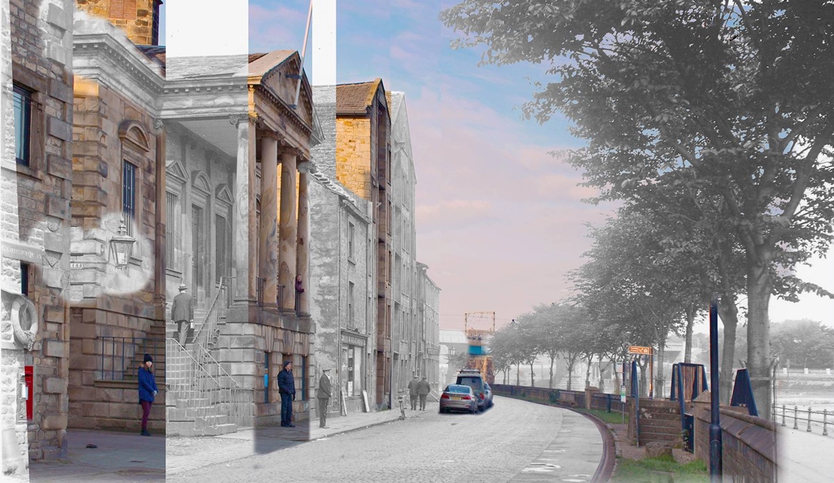 old and new photos showing a grand georgian building with a double stone staircase leading up to a columned portico, facing across a street towards the riverside, which is lined with trees.